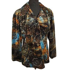 Vintage CHICO'S Womens Velvet Jacket With Mandala Print & Button Closure Size M